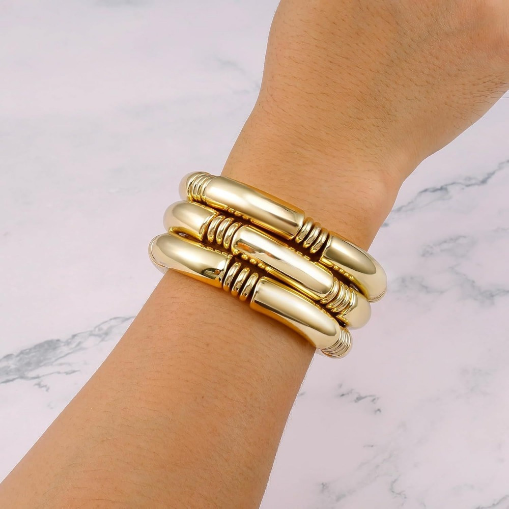 

3pcs Women Gold Chunky Bangles Bracelets, 14k Gold Plated Stack Layered Curved Bamboo Tube Stretch Bracelets Gift Jewelry, Great For Birthday, Party, Christmas, Wedding Anniversary