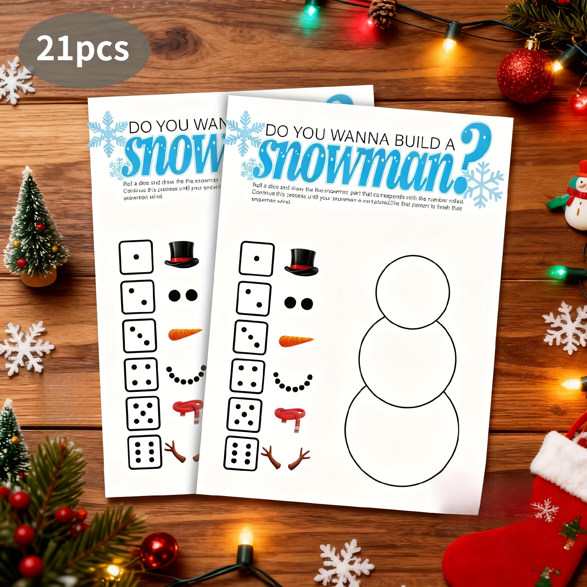 TEMU 21pcs Christmas Roll A Snowman Game Cards, Dice Rolling Game Set, Draw A Snowman Game- Suitable For Family Gatherings And Holiday Parties, ,