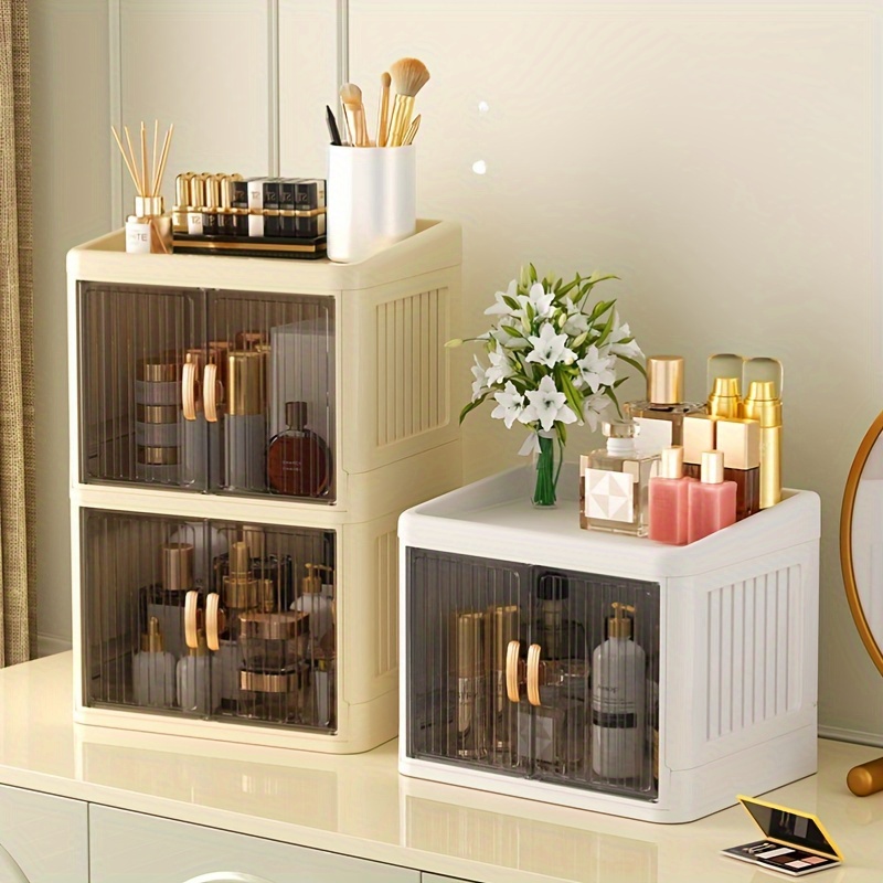 

Boîte de rangement en lin pliable à double porte, organisateur de papeterie multi-couches, support de cosmétiques et de soins de à domicile, parfum, pas besoin d'électricité ou de batterie.