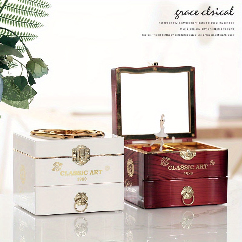 

Grace Cllicial Vintage Music Box With - Elegant White & -brown Jewelry Storage, Manual 8-tone, Plastic, Home , No Electricity Required