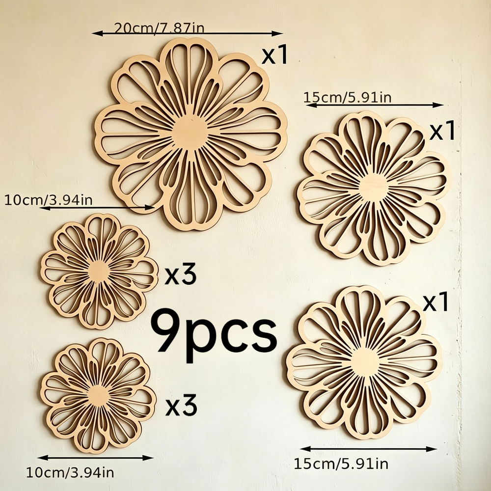 TEMU 9 pièces d'artisanat en bois de marguerite, pendentifs de décoration et , gouttelettes, finales, décoration murale ; ornements décoratifs pour