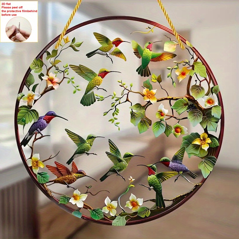 TEMU 2d Flat, 2d Flat Hummingbird Ornament- Round Acrylic Window Decoration, Colorful Floral And Bird Pattern, No Power Required, Easy Hanging , Home