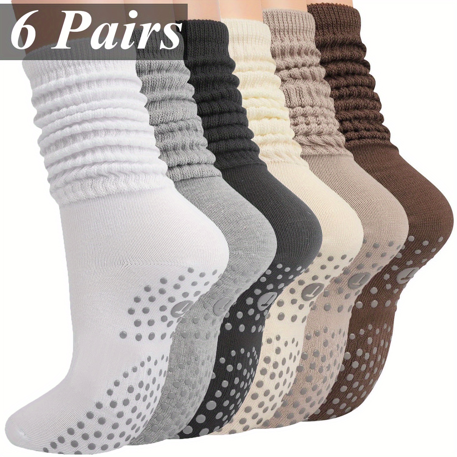TEMU 6 Pairs Of Women's Warm Solid Color Non-slip Pile Yoga Socks, Non-slip Elastic Pressure Breathable Sweat-absorbent Women's Yoga Socks, Suitable For Home, Yoga Fitness