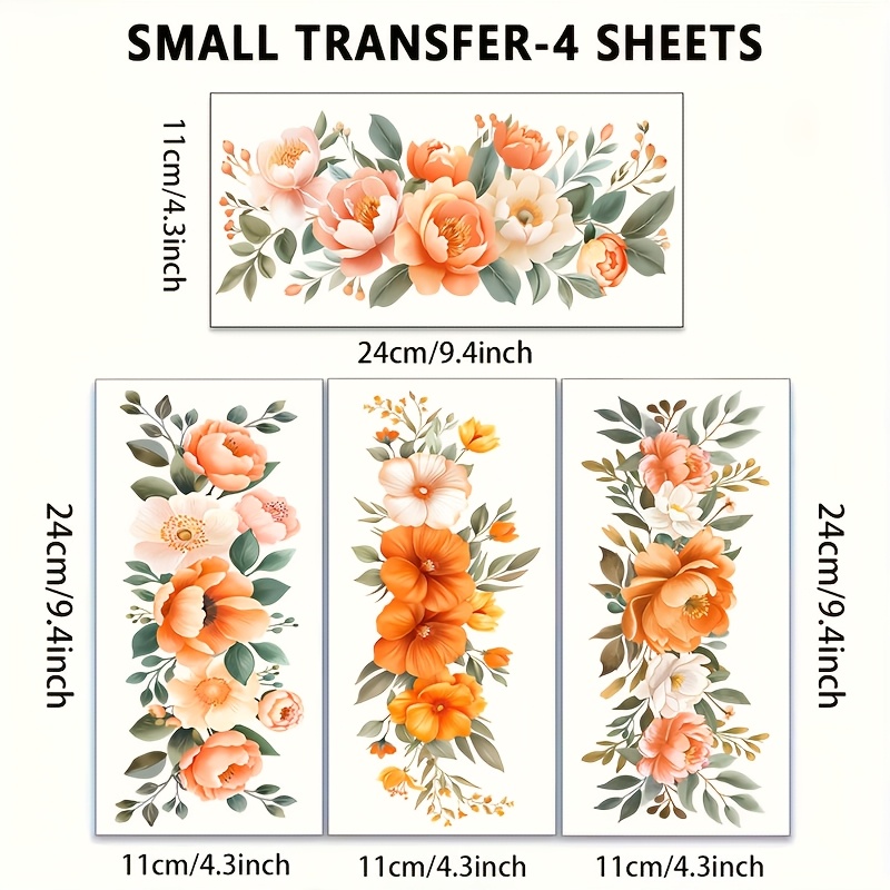 TEMU 4pcs Floral Décoration Meubles, 24X11Cm, Transfert Meubles Fleur de , Convient pour Papier Transfert UV DTF, aux Rayures, pour Tasses en Verre,