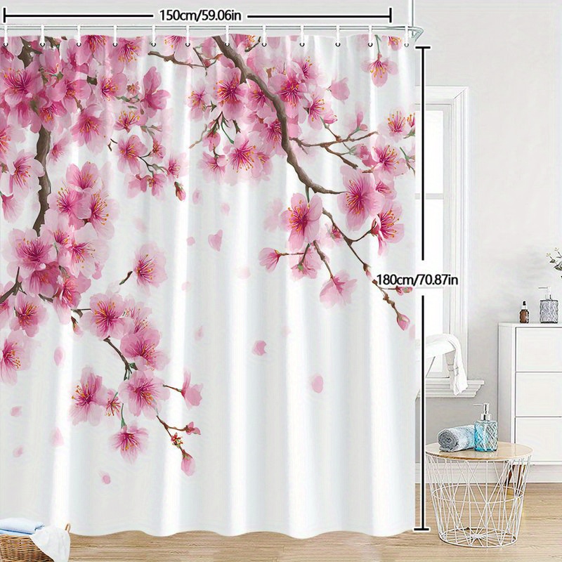 TEMU 1pc Cherry Shower Curtain - Watercolor Pink Flowers With Falling Petals & Dark Brown Branches On White Background, Durable Polyester Fabric,