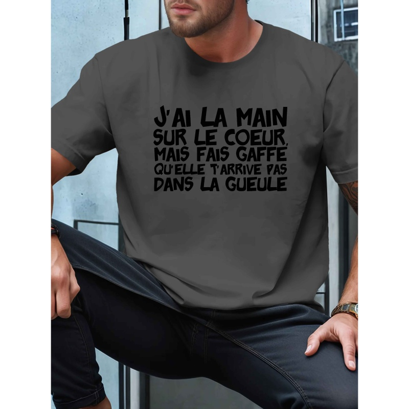 

T-Shirt Décontracté pour Homme à Manches Courtes d'Inspiration Française - Polyester Respirant, Imprimé Géométrique, Col Rond - pour l'Été