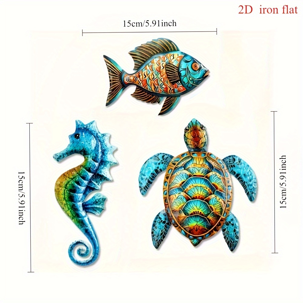 TEMU 2d Flat - 【2d Flat】 2d Flat - [2d Flat] 2d Flat, 3pcs Set Of Wooden Tropical Turtle, Seahorse And Fish Wall Decor, Outdoor And Bathroom Marine