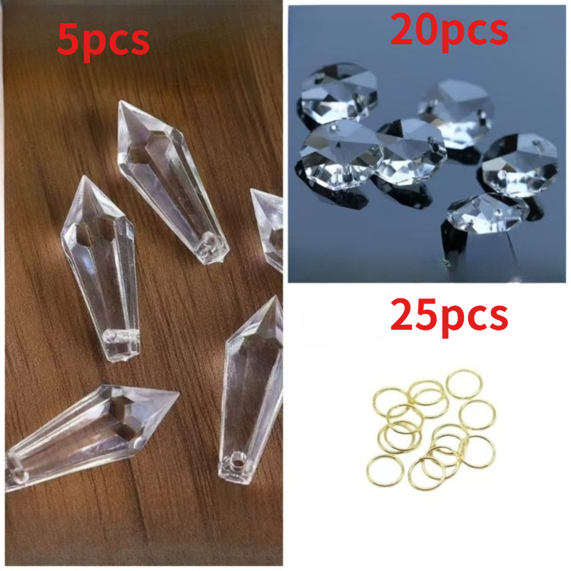 TEMU Lot de 50 pièces (5 perles à 5 pointes + 20 perles octogonales + 25 anneaux de ) de pendentifs en cristal de diamant transparent, pendentifs