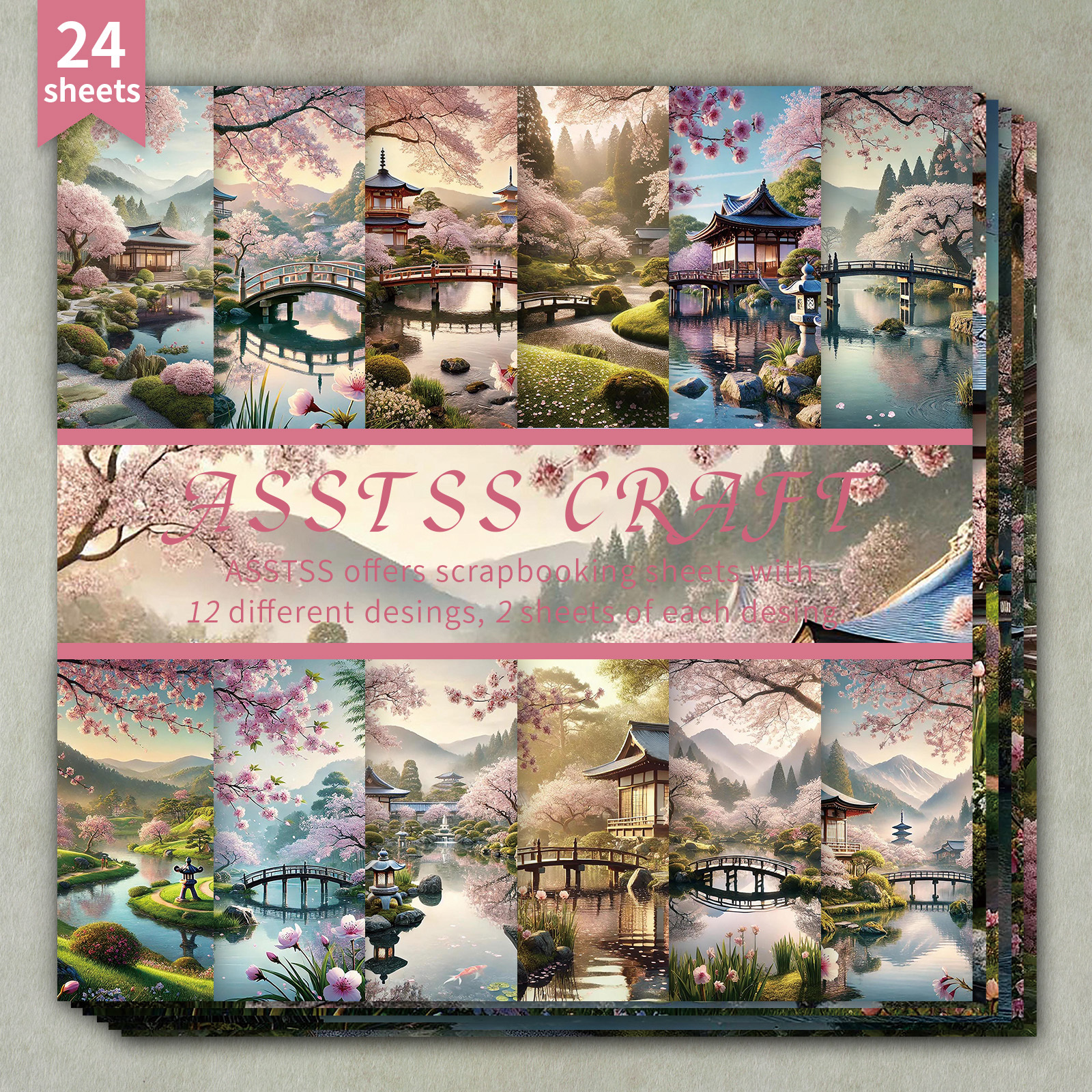 TEMU 24-sheet Asstss 6*6-inch Scrapbooking Paper Pad, Japanese Cherry Backing Paper Supplies, Heavyweight Cardstock For Journaling, Collage Art,