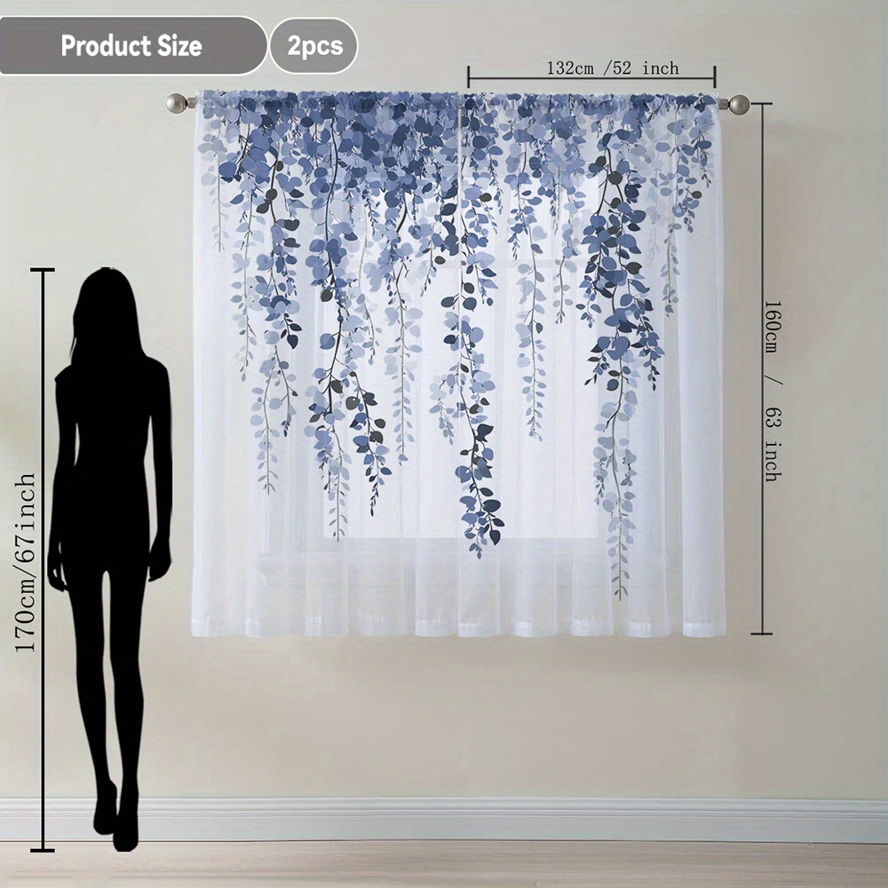 TEMU 2pcs Elegant Printed Home Decor Window Sheer, With Rod Pocket, Flowing Sheer Curtains Suitable For Kitchen, Caf&eacute;, Living Room, Balcony, And Garden