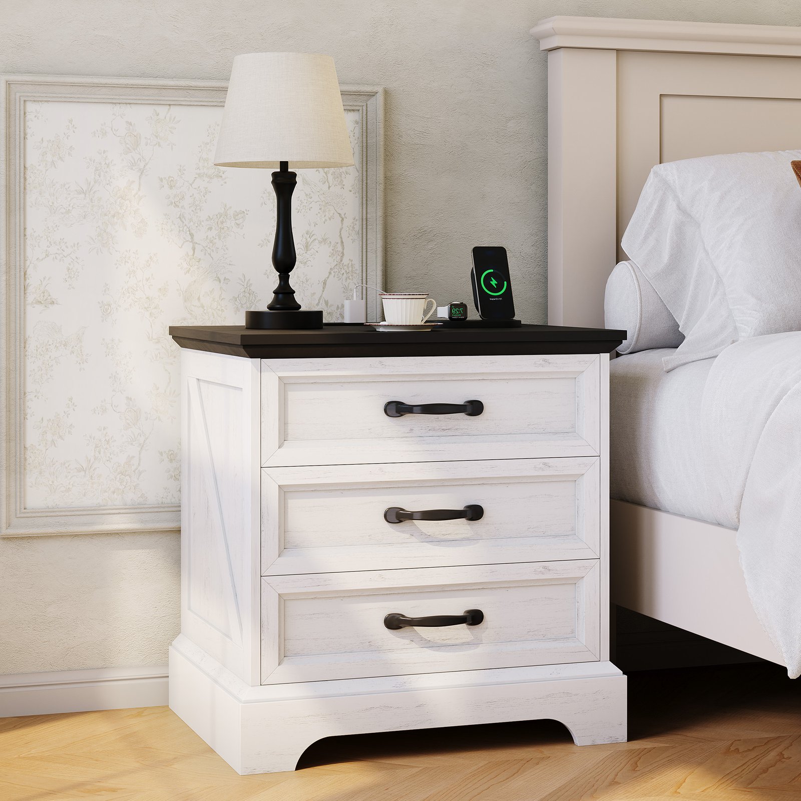 Large 24-inch Modern Farmhouse Nightstand with 3 Drawers - Rustic Bedside Table Suitable for Bedroom & Living Room, Space-Saving End Table with Ample Storage,, Assembly, Multicolor for Small Spaces (Assembly)