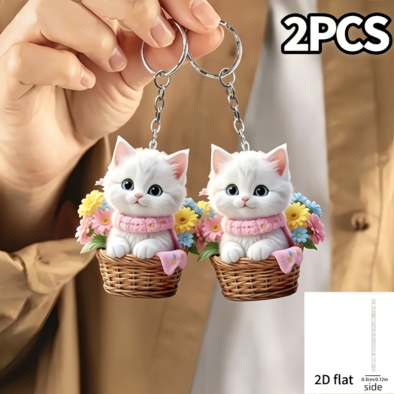 TEMU 2d Flat - 2pcs Key Additions, Acrylic, 2d Flat Design, Cat And Floral Pattern, Easy And , Smooth Texture, Dynamic Shape, Warm Visual Effect, Car