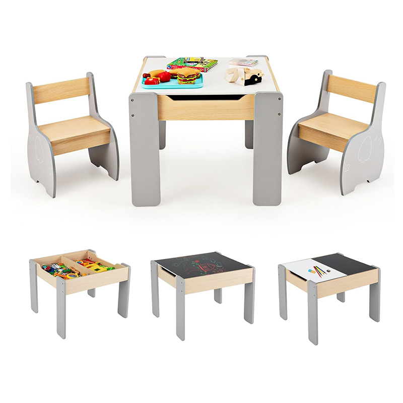 Kids Table And 2 Chairs, 3pcs Furniture Table And Chair Set With Reversible Removable Desktop