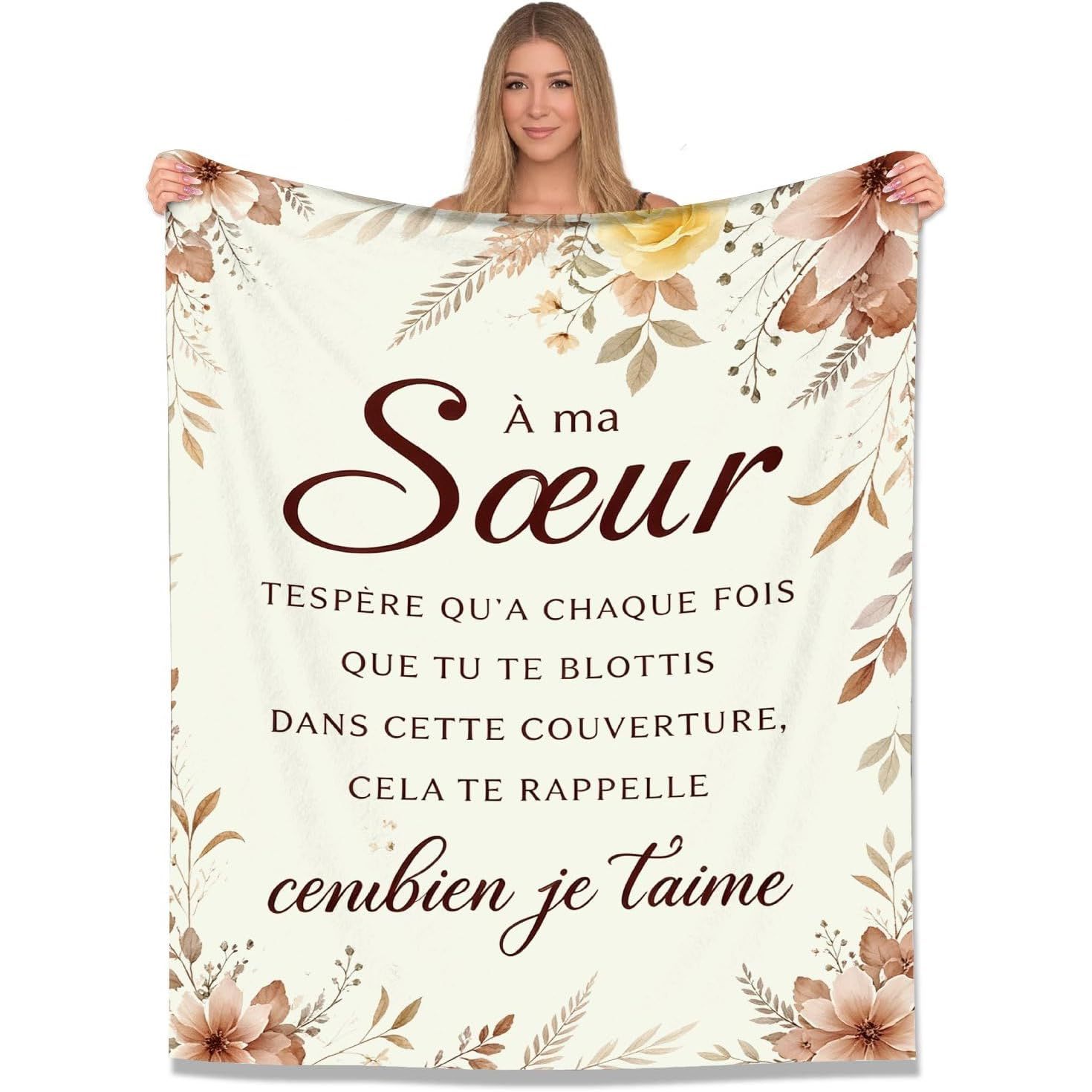 TEMU 1 Couverture Douillette en Flanelle Toutes Saisons, Aquarelle Crème, Motif Floral , Sœur Française, Décoration Canapé, Camping, Cadeau pour Sœur