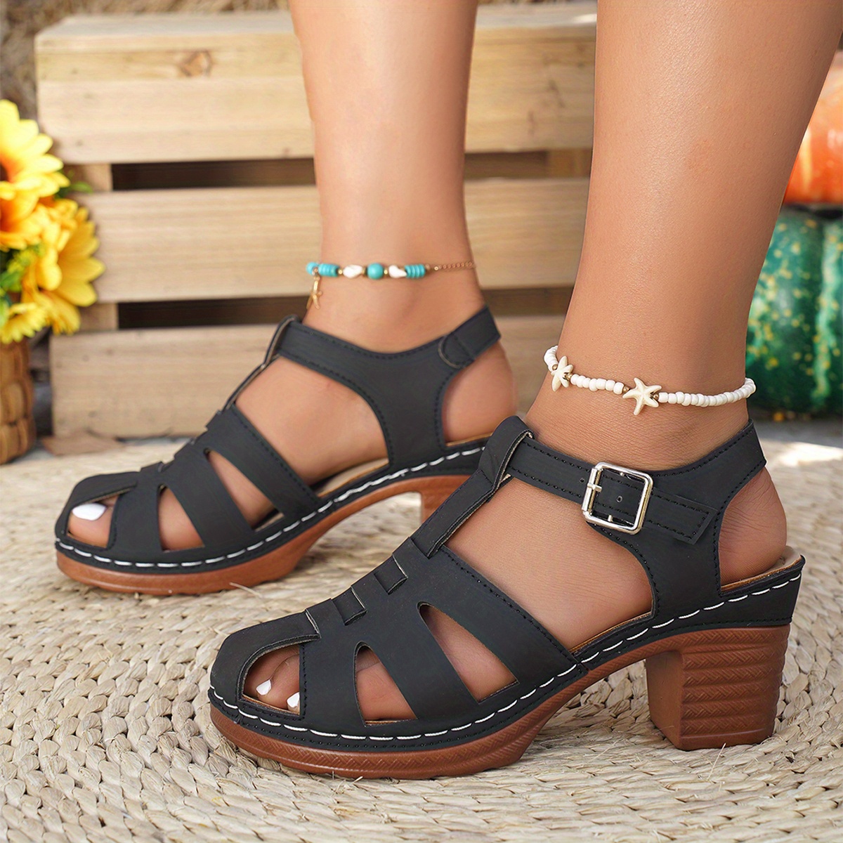 Sandales Confortables à Talon Épais pour Femmes avec Bride Cheville, Design  Bout Fermé Dessus en Similicuir Noir pour l'Été Décontracté,