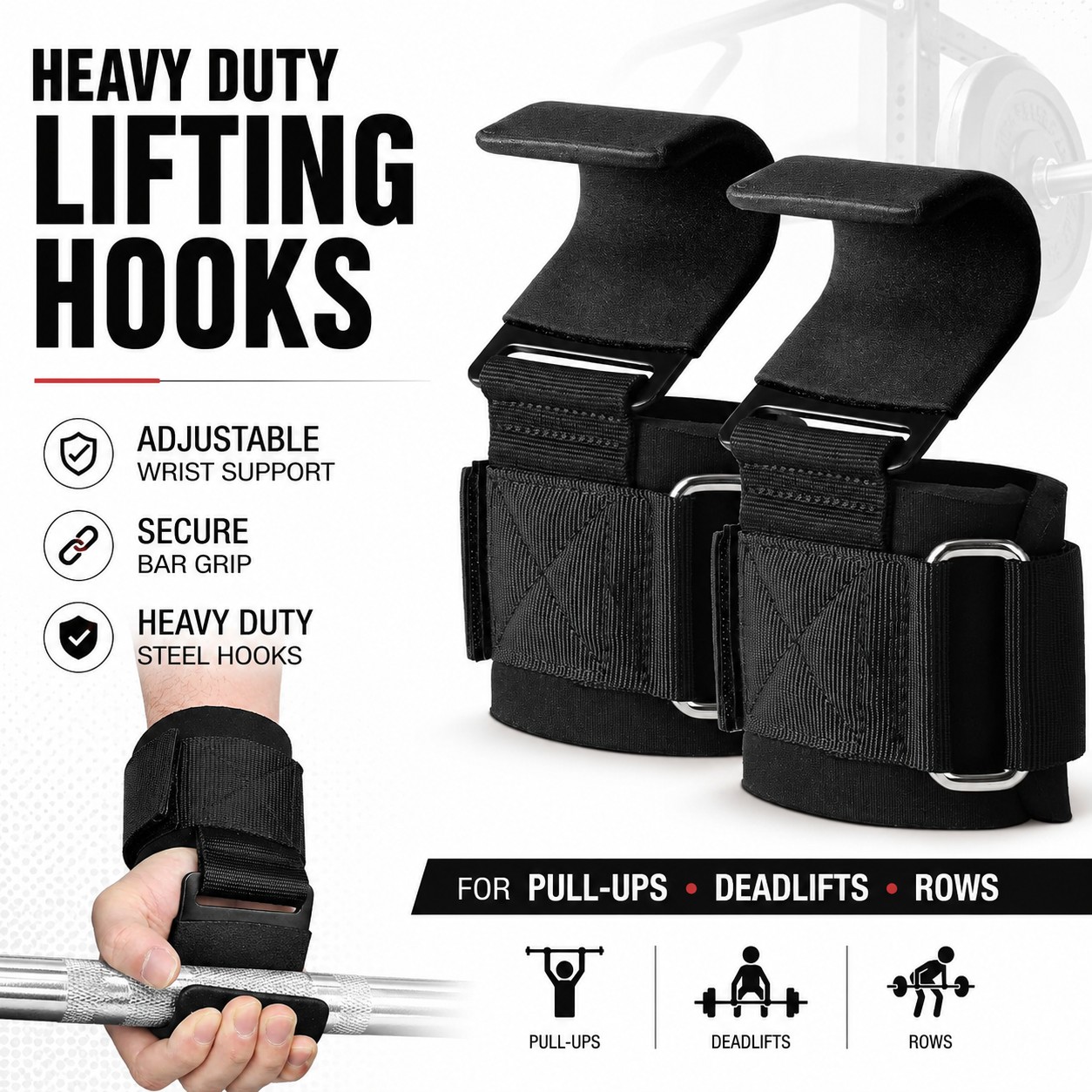 TEMU Heavy Duty Steel Weight Lifting Hooks, Adjustable Padded Wrist Support Straps Gym Lifting Grips, Non-slip Lifting Hooks For Deadlifts, Barbell ,