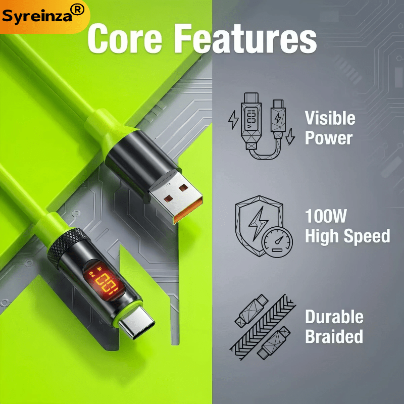 100W High-Power PD Fast Charging USB-A to Type-C Cable with Digital Display