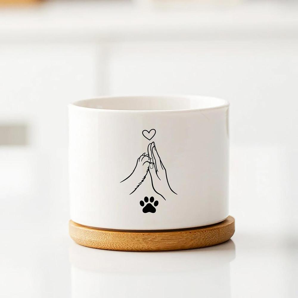 TEMU Ceramic Round Planter Featuring A Paw Print Design, Hands, And A Heart, Complete With A Tray. This Minimalist Monochrome Line Art Pot Is Perfect
