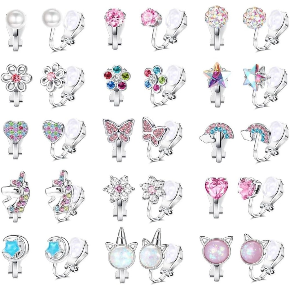 Image of 15 Pairs Cute Clip On Earring For Women Flower Cat Cz Clip Earrings Multicolored Earrings