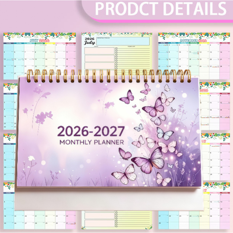 TEMU Calendrier de bureau à planification mensuelle à long terme 2026-2027 (18 mois) - Calendrier de bureau à spirale avec papillons aquarelle