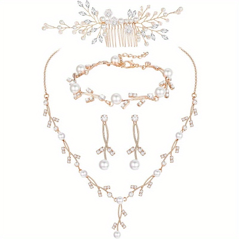 Image of A Set Of Pearl Jewelry For Women, Including A Drop Necklace, Earrings, A Bracelet, And Hair Pins, Perfect For , Weddings, And Summer Vacations