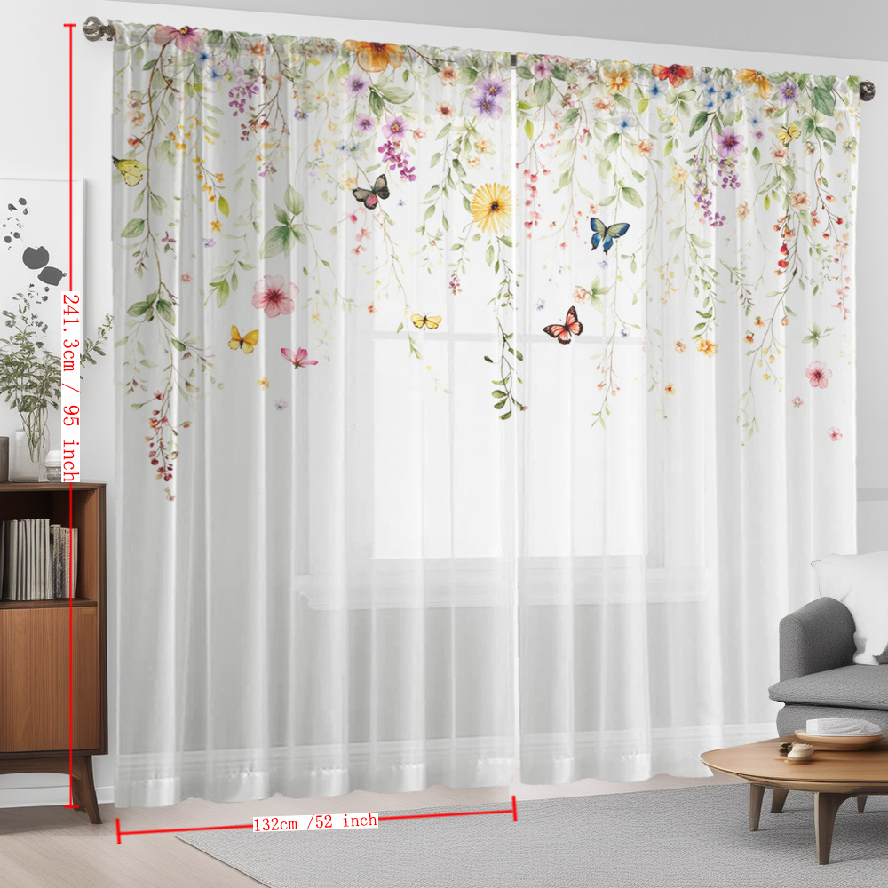 TEMU 2er-Set Pastoral Blumen Schmetterling Ranken Druck Home Deko Transparente Vorhänge, Moderner Künstlerischer Stil Fließender Fensterschal,