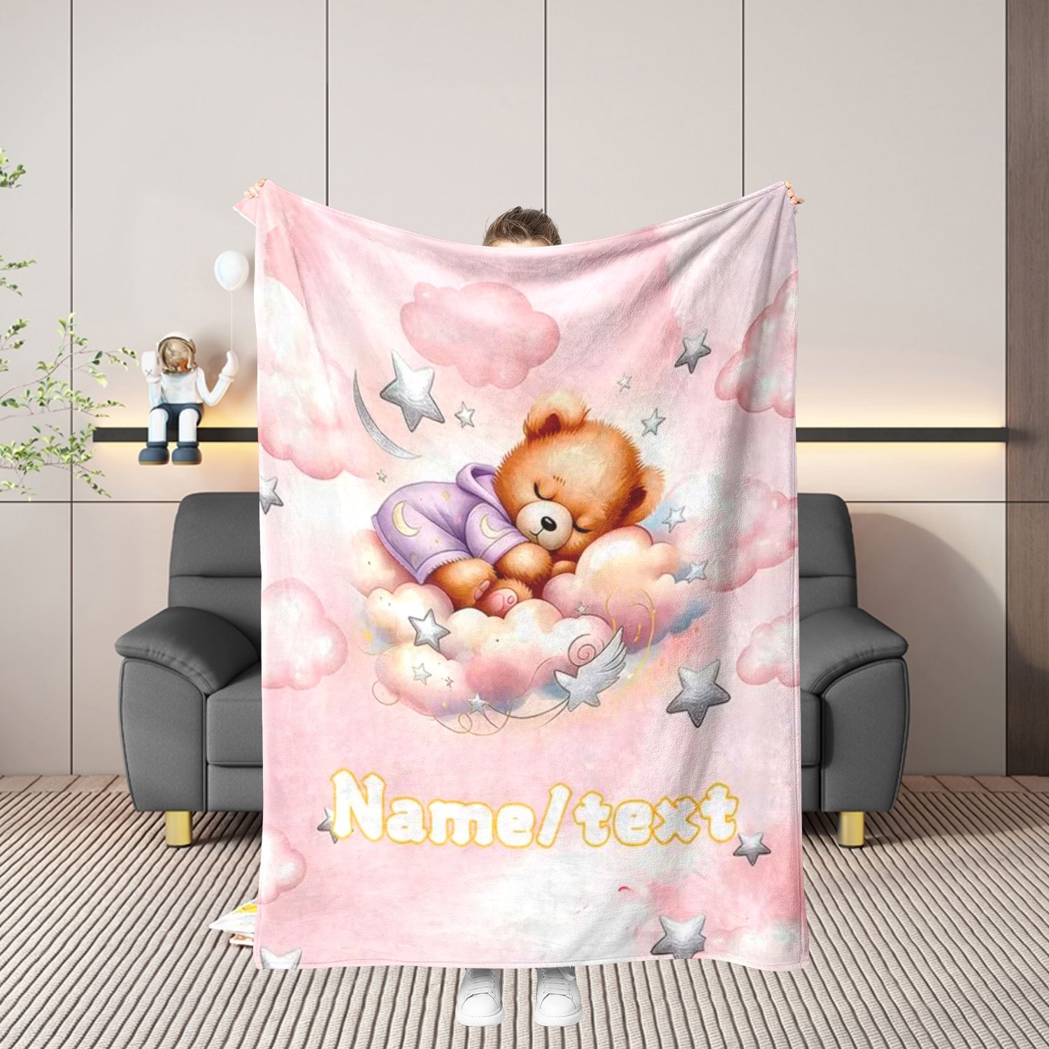 TEMU 1pc Personalized Custom Name Little Bear Sleeping Blanket, Soft And Warm Printed Blanket. Suitable For Sofas. A For Personalized Blankets For