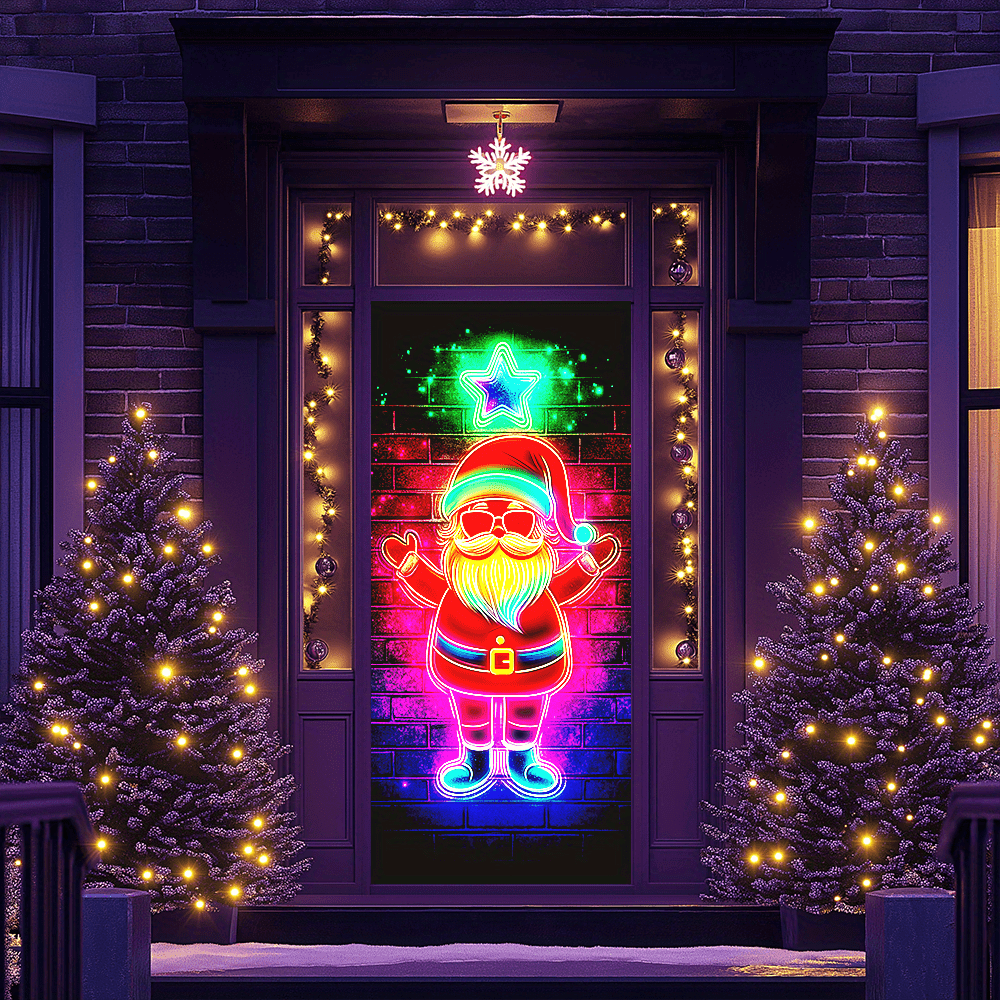 

Santa Claus -the-dark Door Curtain - Fluorescent Christmas Neon Banner, Uv Reactive Polyester, No Power Needed