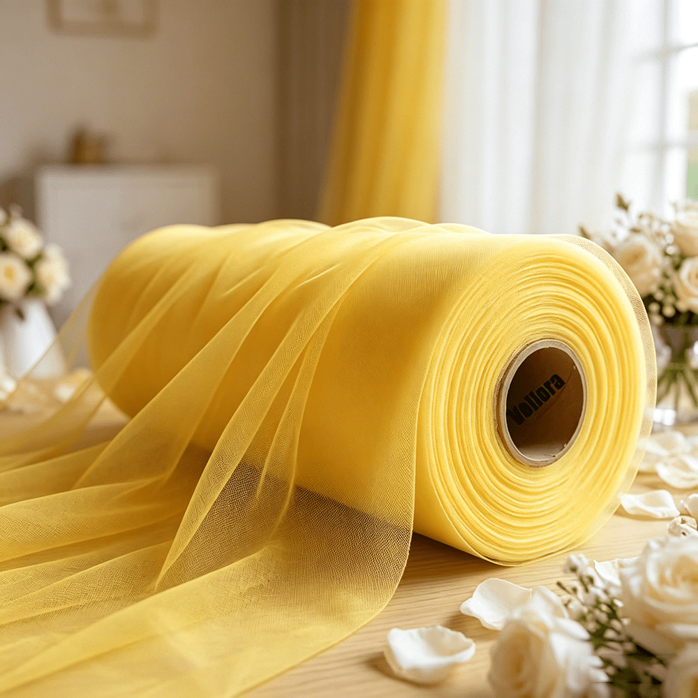 TEMU 1 Roll Extra-long Suitable For Wedding Decoration Mesh Fabric - Matte Sheer Backdrop Cloth With Egg Yolk Tones, Lightweight Hand Washable
