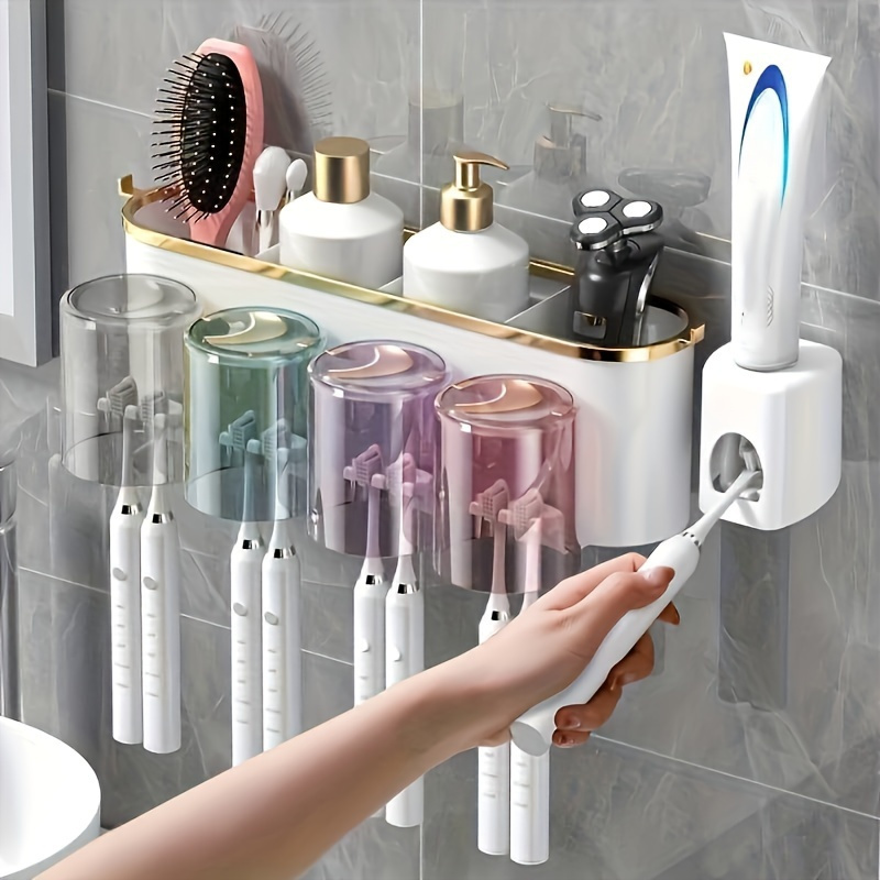 wall mounted toothpaste dispenser with 6 slot toothbrush holder cup space saving bathroom organizer durable plastic no electricity needed   for clutter free countertops toothbrush holder for bathroom sleek wall mount countertop organizer compact organizer easy to clean apartment living