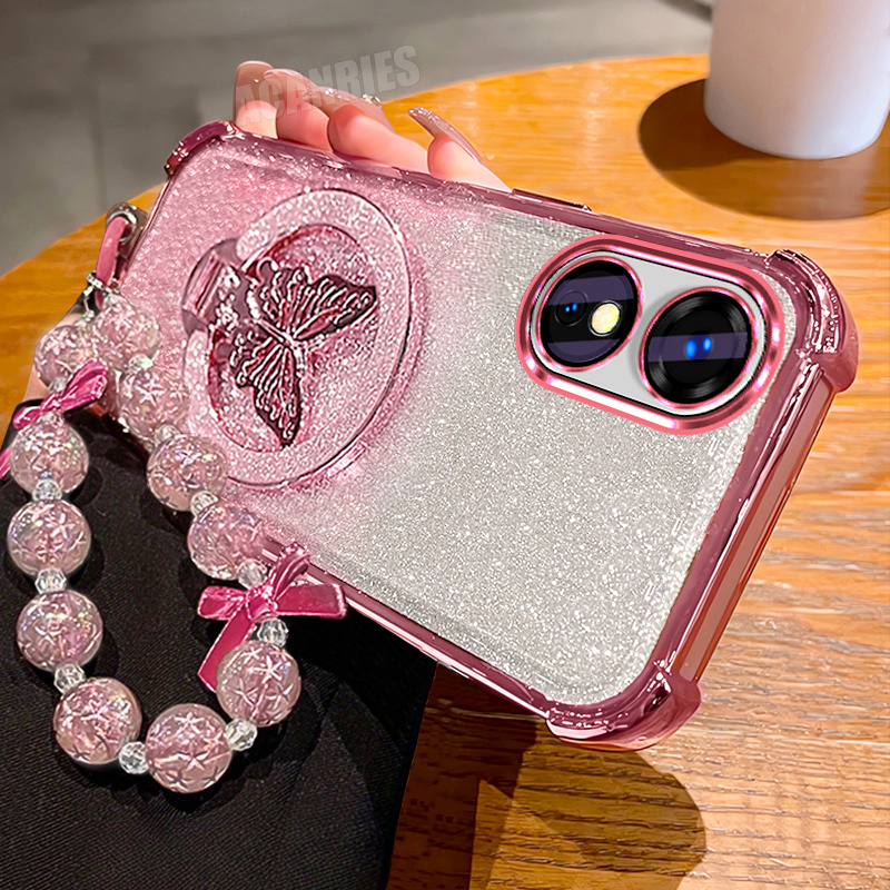 TEMU Phone Case - A Stylish And Sparkling -shaped Folding Holder With A Beaded Lanyard Wrist Strap And Gradient Plating, Designed For The For Oppo
