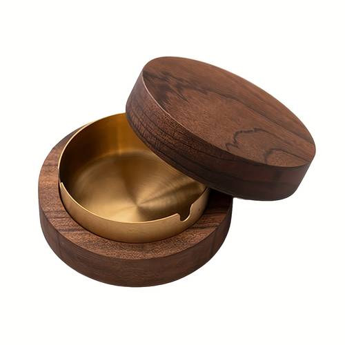 1pc elegant walnut ashtray with stainless steel smoking tray wind proof design spill proof base household office outdoor heavy duty ashtray compatible with electric or manual lighters stylish desktop classic round wa