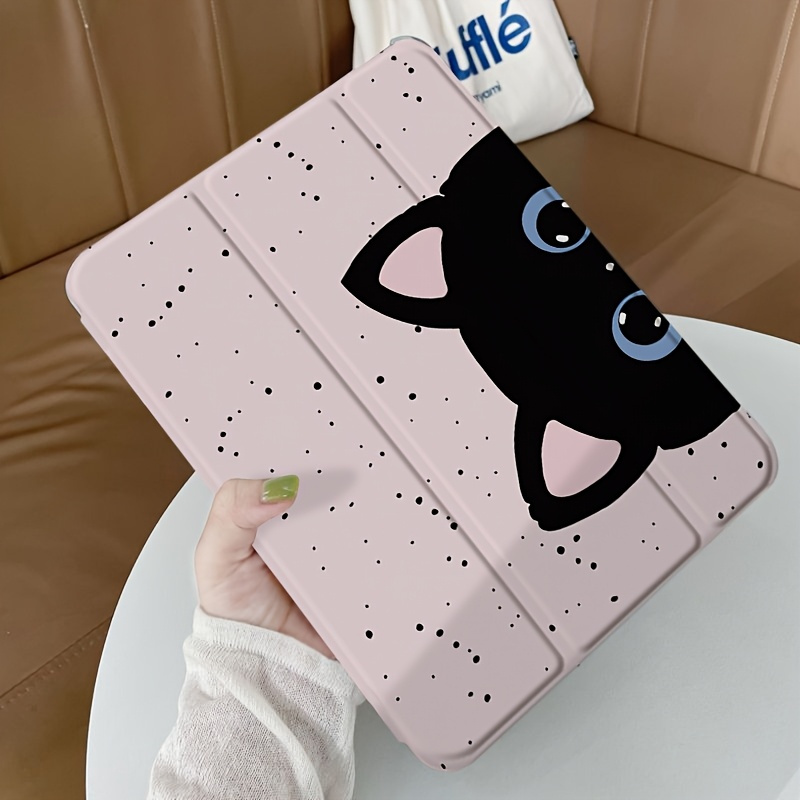 TEMU Tablet Case | Suitable For Ipad Pro 11-inch, Air 6/7, 8th And 9th Gen | Pink With Black Cat Design | Auto Sleep/wake, Foldable Stand |
