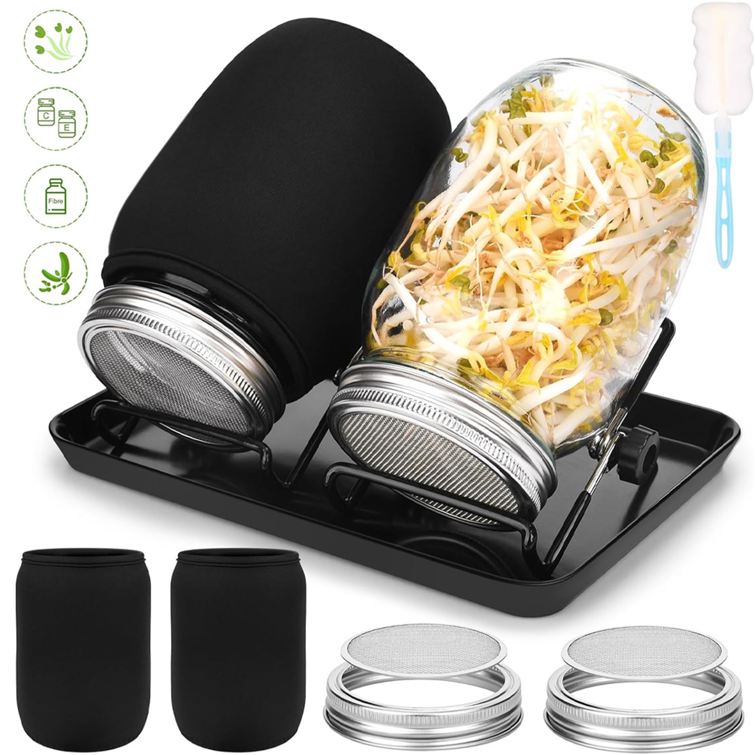 2pcs 1000ml Sprouting Glass Jar With Adjustable Bracket Stainless Steel Lid Blackout Sleeve Scientific Design