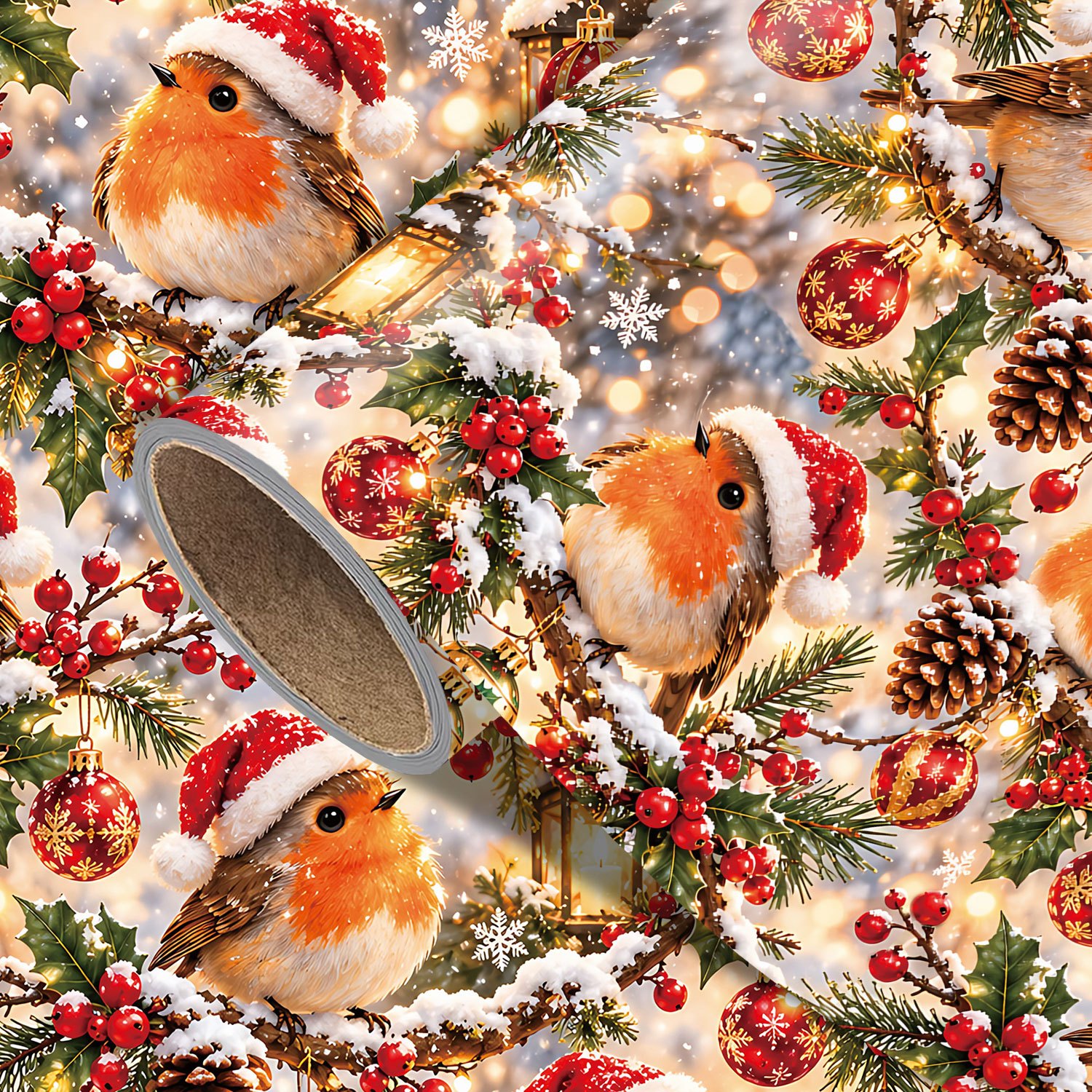 TEMU 1 Rouleau de Papier Cadeau de Noël avec Oiseaux , Chapeaux de Père Noël, Branches de Pin, de Houx, Boules Lumineuses, Festifs en Neige, Papier