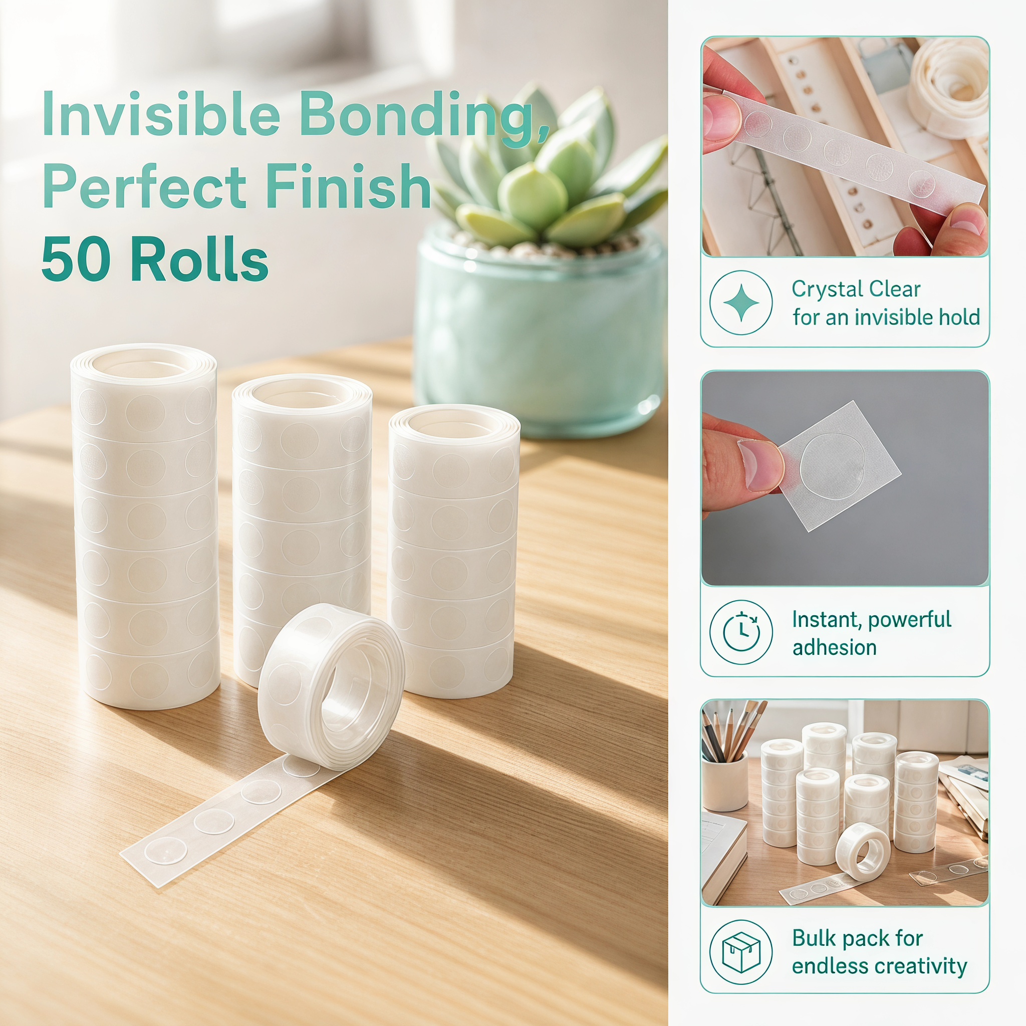 Image of 50 Rolls Clear Double Sided , Removable No Residue Balloon Adhesive Tape, Transparent For Birthday Wedding Party Diy Crafts Wall Decor