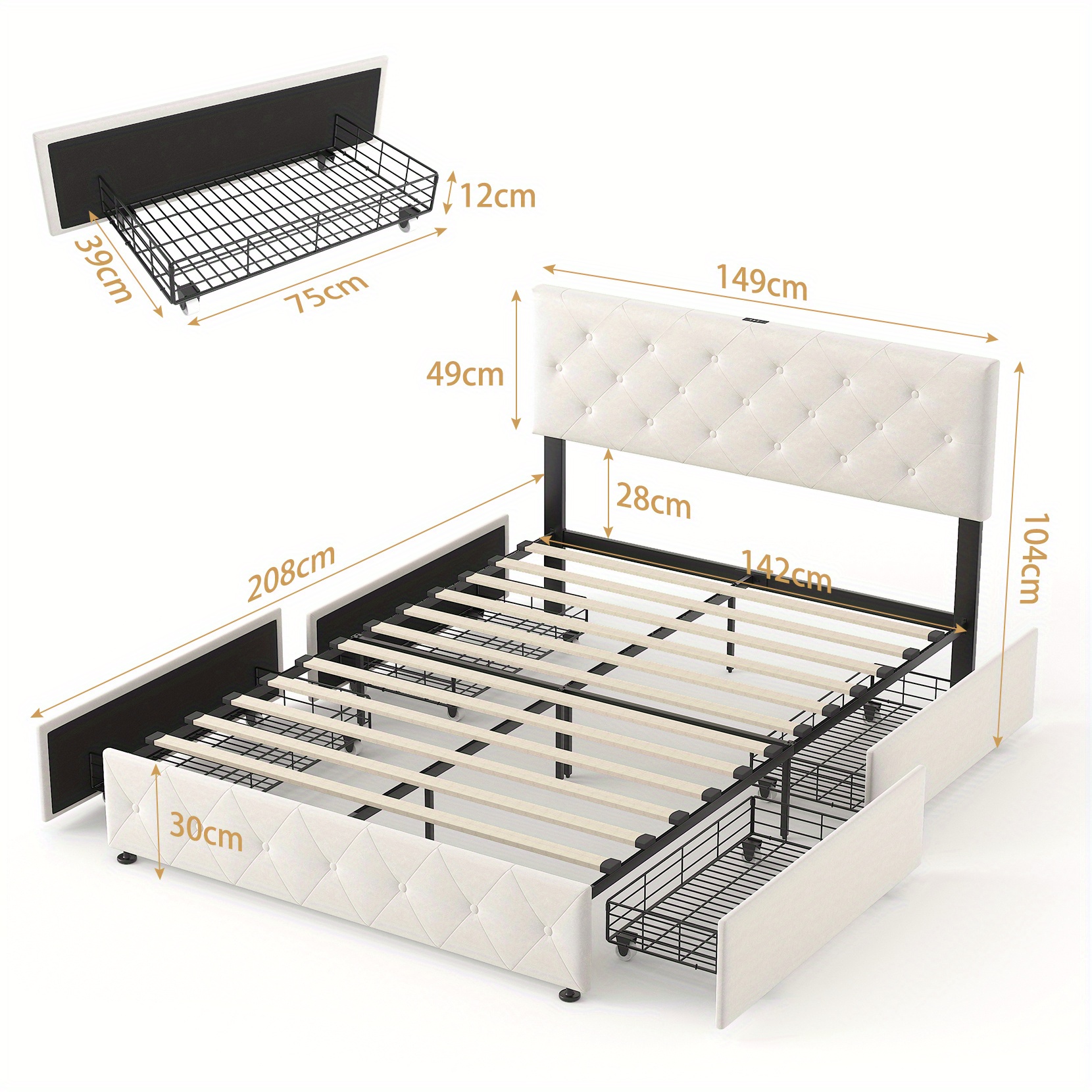 Bed Frame With 4 Storage Drawers And Tufted Headboard Velvet Upholstered Platform Bed