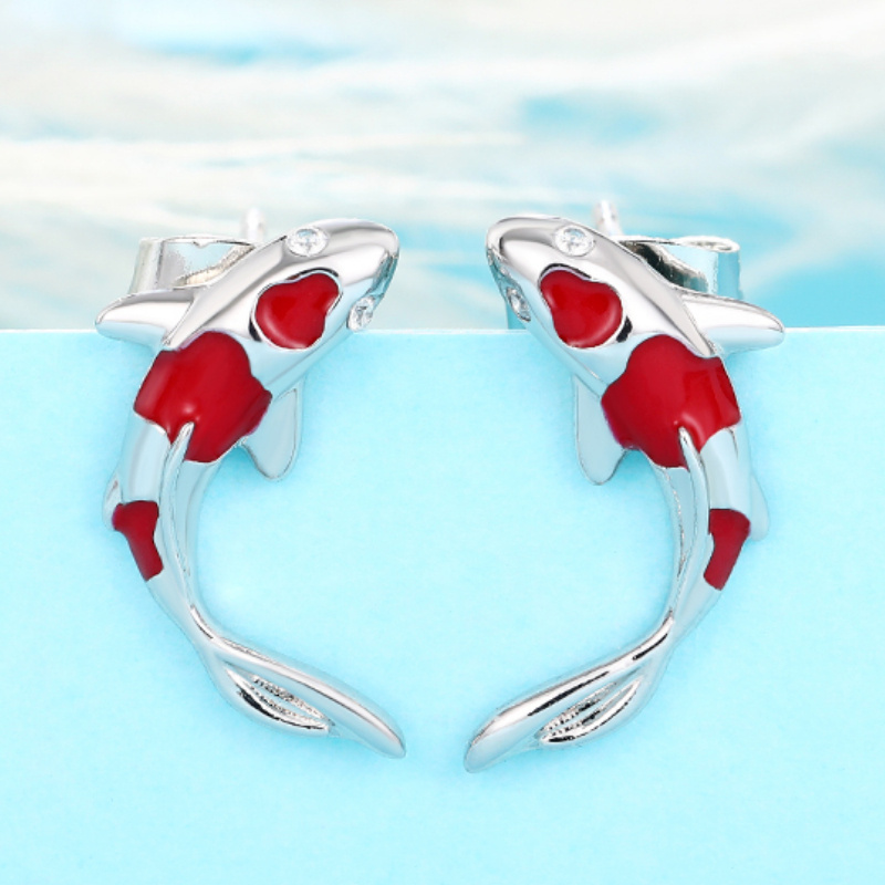 Image of Fashion Cute Inlay Red Enamel Small Carp Ear Studs For Women Daily Casual Party Holiday Earring Jewelry Gift