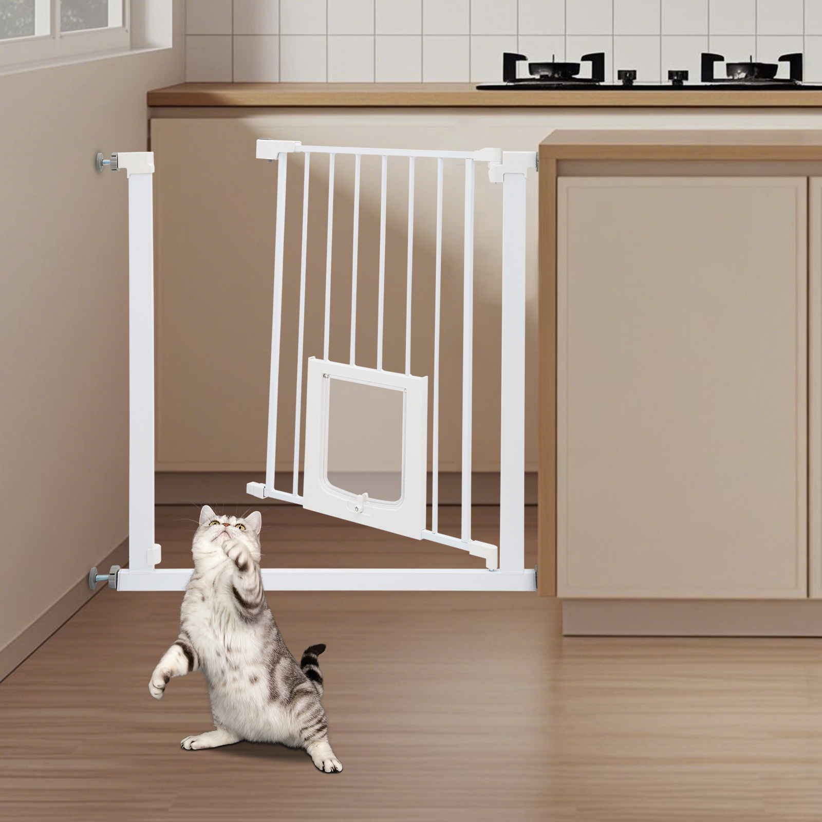 Oukaning Extra Tall Pet Gate With Small Pet Door Cat Gate For Doorway Dog Gate For House Doorways Stairs, Pressure Mounted Thru Pet Gate Close Fence Barrier For Doorways Stairs House Kitchen