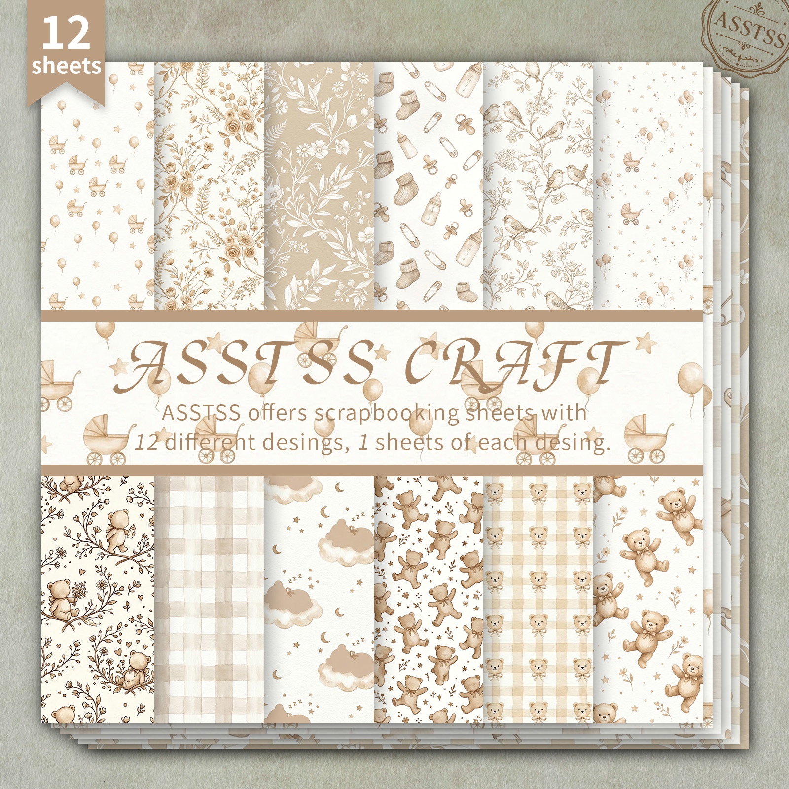 TEMU Bloc de papier épais pour scrapbooking ASSTSS de 12 feuilles, convient pour le journaling, du collage, les bricolages de baby shower - Papier