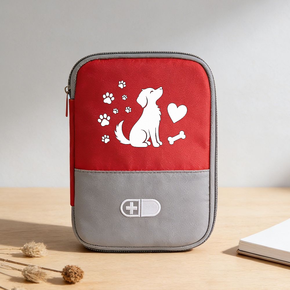 TEMU Outdoor Kit, "no Supplies Included" Dog Paw Print Travel Medicine Organizer Bag, Red Gray Minimalist Portable Medication Storage Case With Cross