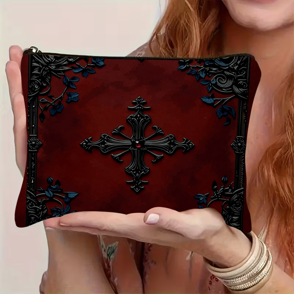 TEMU Gothic 2d Flat Ornate Cross Print Makeup Bag, Soft Polyester Cosmetic Pouch 22 X 15 Cm / 8.7 X 5.9 Inches, Portable Storage Accessory For Travel
