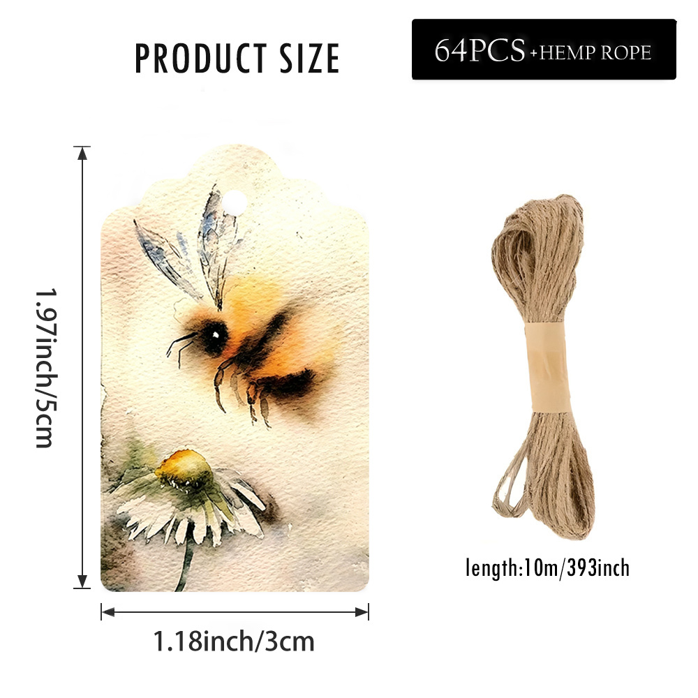 TEMU 64pcs Bee-themed Gift Tags With Jute Rope - Watercolor Suitable For Wedding Favors, Birthday Party Decorations, Shower Labels, Jute For Gift