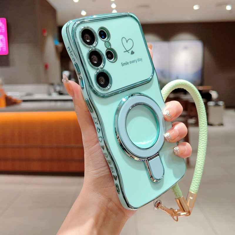 TEMU para teléfono: Diseño electrochapada minimalista y elegante con , ventana de visualización grande, corazones , soporte de metal y cordón corto