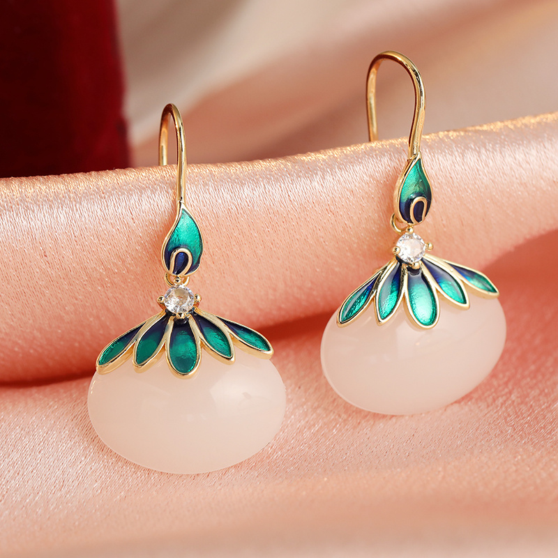 Vintage Drape Earrings with Pale Green Oval Setting