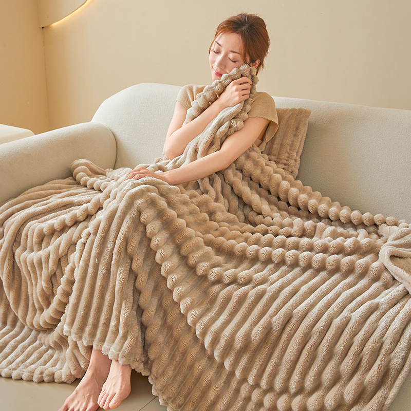 Image of Super Fluffy Ribbed Draw Strip Fleece Throw Blanket, Soft Vertical Raised Strip Design Cozy Nap Blanket, Assorted Muted Shades, Breathable Washable Sofa Blanket For Home & Apartment