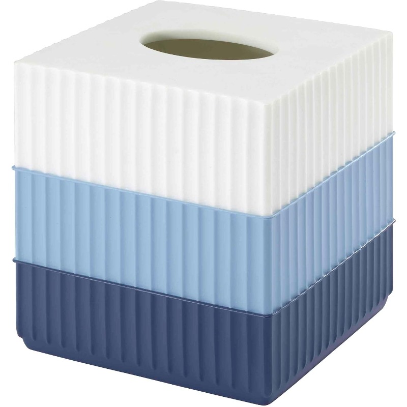 1pc modern resin tissue box cover - elegant   horizontal striped bathroom storage with rounded lid, durable & easy- , compatible with standard tissues, decorative organizer for countertop, dorm, or bathroom decor (light blue/white/navy blue) - 100% resin construction, wipe with damp cloth, sleek & stylish,   modern or minimalist decor, tissue holder bathroom Product details 0