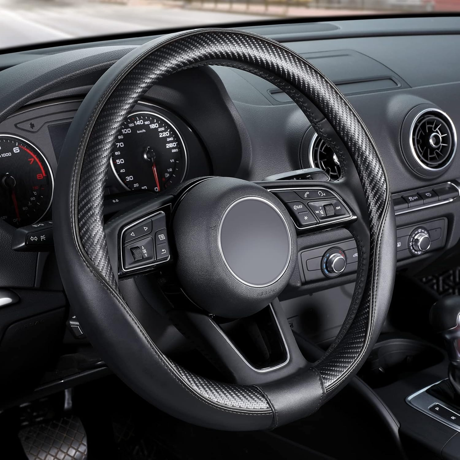 1pc carbon fiber steering wheel cover comfortable grip non slip pu leather with red stitching     for standard 14 5 15 36 5 38cm cars