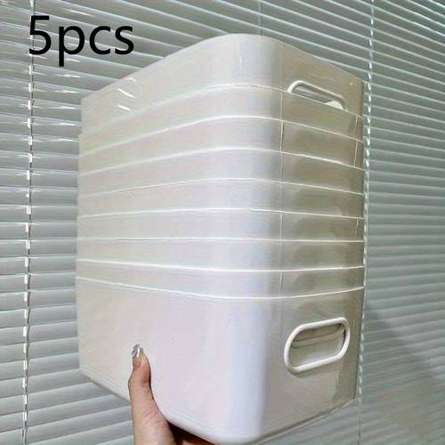 item picture 5pcs set of white plastic storage baskets with handles versatile rectangular organizers suitable for kitchen cabinets bathrooms and pantries ideal for spices snacks essentials and shelf baskets shelf baskets
