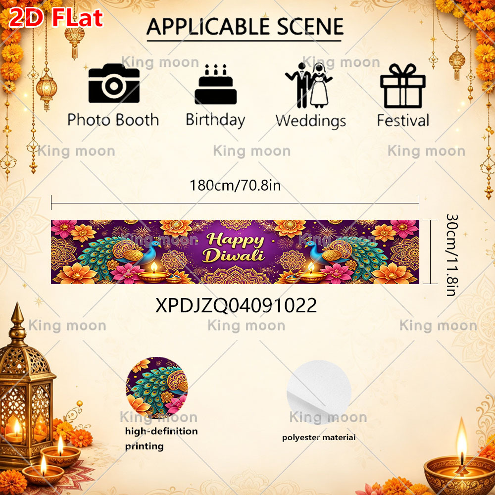 TEMU Bannière plate 2D 1pc, Chemin de table décoratif pour fête de Diwali, Matériau en polyester, 180X30Cm, Base violette, de de grande taille et